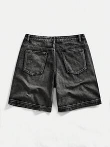 ROMWE MEN Street Life Men's Casual Printed Denim Shorts - Black - View 4