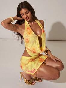 SHEIN BAE 女士时尚珍珠刺绣流苏低腰迷你裙，适合音乐节、海滩度假、朋友聚会、休闲外出等场合，优雅珍珠点缀迷你裙 - 黃色 - 查看 7