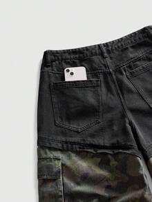 ROMWE MEN Street Life Men's Camouflage Patchwork Loose Denim Shorts - Black - View 4