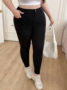 CovetEZ Plus Size Solid Color High Waist Pants, Suitable For Everyday Wear, Spring/Summer - Black - View 6