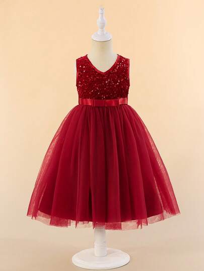 Glamorique Kids 年轻女孩优雅迷人的亮片网纱无袖泡泡袖连衣裙，正式场合服装