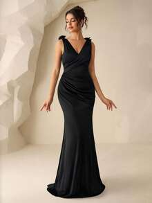 Coutiva Women's Elegant Black Solid V-Neck Ruched Shoulder 3D Floral Decor Fitted Formal Evening Gown,Fishtail Sequin Long Dress For Wedding,Gala&Party - Black - View 4