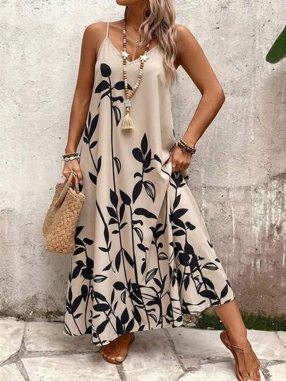 EMERY ROSE Plusstorlek damklänning med djup V-ringning och spaghettiband, svart blommönster, lös passform, lämplig för semester, vardagskläder, dejt, vår/sommar, ny design