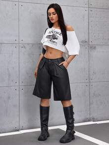 Jeanoix 女士休闲宽松弹力黑色梭织涂层百慕大短裤 - 黑色 - 查看 3