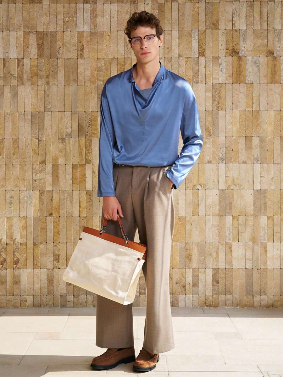 TONEVAULT Men's Casual Solid Color Lapel Long Sleeve Fashion Shirt - Light Grey - View 1