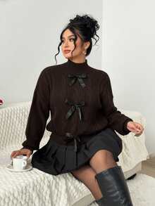 Elenzga Suéter de Gola Redonda com Laço para Mulheres Plus Size - Castanho - Visão 6