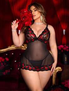 SHEIN 两件套加大码性感蕾丝撞色网纱睡衣套装 - 彩色 - 查看 1