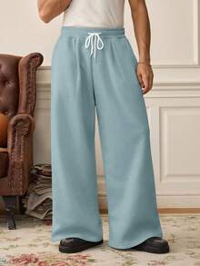SWAVVY Men's Casual Solid Color Drawstring Loose Pants With Pockets - Blue - View 5