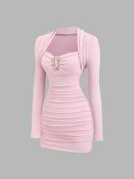 Sweetra New Elegant Party Cocktail Dress, Burgundy Color With Metal Decor, Fitted Silhouette, Suitable For Christmas, Autumn/Winter