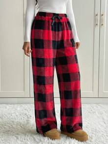 SHEIN Tall Women's Tie-Waist Fluffy Plaid Print Casual Wide Leg Baggy Pants,New Year's For Women Red Plaid Pants - Multicolor - View 4