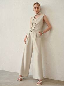 MOTF PREMIUM Bộ 2 món: Áo gile màu yến mạch & Quần dài nữ cao cấp dáng rộng, trang phục công sở chuyên nghiệp, phong cách tối giản thanh lịch, quyến rũ như nữ thần. - Màu be - Xem 1