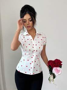 Elenzga 女士束腰情人节爱心印花衬衫 - 紅色 - 查看 3