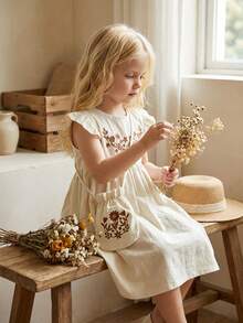 SHEIN Vintaside Kids Young Girl Round Neck Botanical Floral Embroidery Ruffle Cap Sleeve Casual Dress,Blue Butterfly,Summer,Matching,Family Vacation,Vintage Cotton Ivory - Apricot - View 4