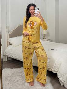 TOM & JERRY X SHEIN 女士卡通图案圆领长袖上衣和裤子睡衣套装，秋冬服装