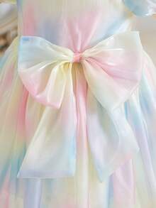 SHEIN Baby Girls' Versatile Chic Colorful Mesh Puff Sleeve Dress With Big Bow Decor, Summer - Multicolor - View 4