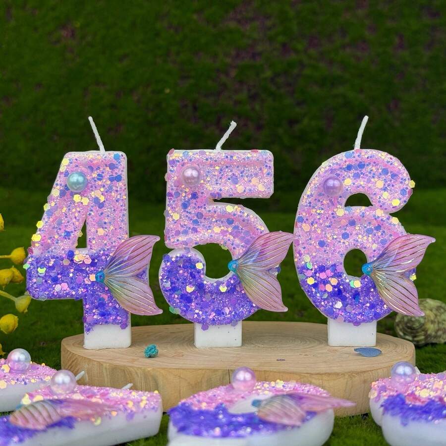 1支紫色闪光美人鱼尾巴数字生日蜡烛，7.5厘米/2.95英寸粉色仿珍珠美人鱼尾巴生日蜡烛，生日快乐蜡烛，蛋糕装饰，美人鱼主题生日蛋糕装饰，周年纪念派对装饰