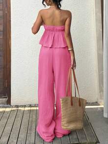 SHEIN EZwear Bộ đồ nữ màu hồng cánh sen dệt kim, kiểu dáng thường ngày, buộc dây phía trước, gồm áo quây và quần, thích hợp cho kỳ nghỉ xuân/hè. - Màu Hồng Tươi - Xem 2