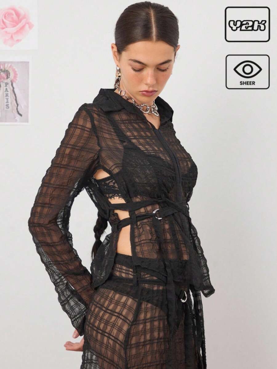COUREZ 吊带透视飘逸衬衫 /Y2K 出门女装可爱性感上衣 - 黑色 - 查看 1