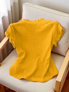 Women's Casual Solid Color Frill Trim Front Button Shirt, Summer - Yellow - View 2