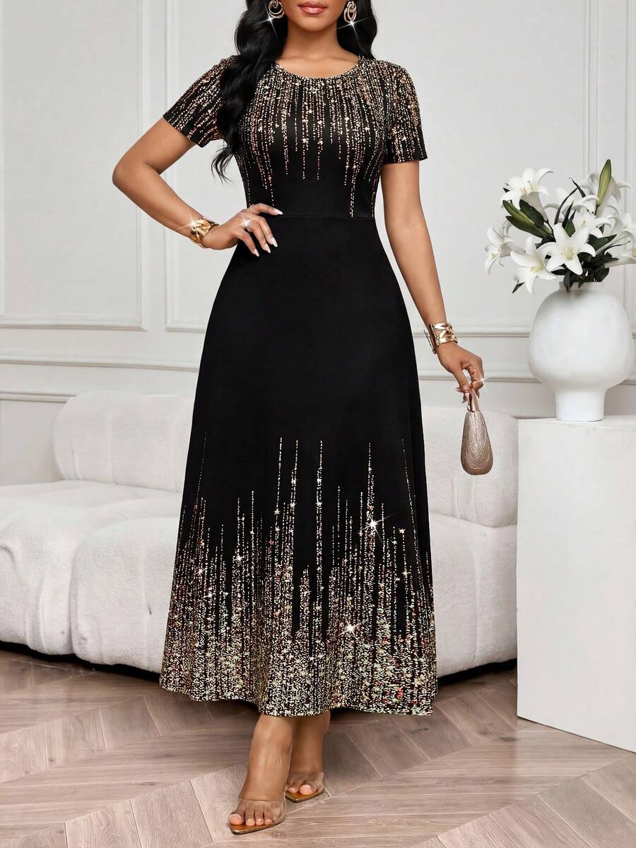 SHEIN Lady Vestido elegante de fiesta con estampado de brillo para mujer - Multicolor - Ver 1