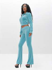 BABYPHAT 低腰丝绒运动裤，饰有水钻，抽绳腰带，喇叭裤腿，休闲舒适，适合女士假日派对穿着。 - 藍色 - 查看 4