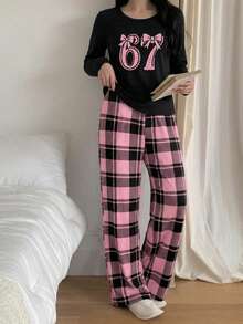 SHEIN Explorewe 1set Teen Girls Pajamas, 67 Number & Bow Print Knit Long Sleeve Top Paired With Plaid Print Pants, 2pcs Loungewear Set - Black - View 8
