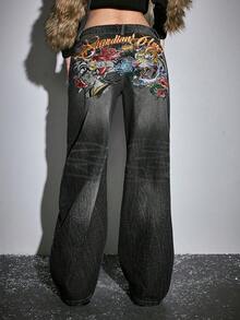 ROMWE J-Fashion 秋冬新款中国风虎头艺伎图案英文刺绣低腰复古女式牛仔裤 - 灰色 - 查看 3