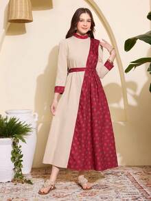 1pc Traditional Arab Abaya Dress, Teen GirlMandarin Collar Long Sleeve Khaki Patchwork Rose Print Cinched Waist Dress, Spring/Autumn - Khaki - View 4