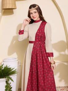 1pc Traditional Arab Abaya Dress, Teen GirlMandarin Collar Long Sleeve Khaki Patchwork Rose Print Cinched Waist Dress, Spring/Autumn - Khaki - View 5