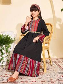 2-Piece Set For Tween Girls:Elegant Traditional Black Dress With Matching Bag,Geometric Print,Long Sleeves Maxi Dress,Black,Autumn,Boho,Wedding Guest - Black - View 4