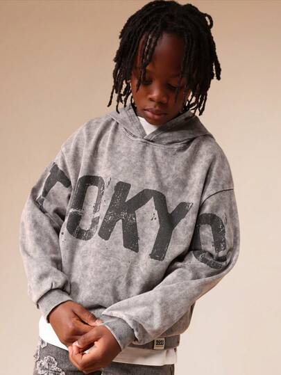  SUMWON Boys Oversized Hoodie With Tokyo City Print Distressed Design Long Sleeve Grey Washed Pullover Sweatshirt For Casual Wear Vacation