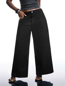 SHEIN EZwear Quần ống rộng dáng rộng màu trơn thiết kế khoét túi cỡ lớn dành cho nữ, quần Palazzo màu đen, quần khoét lỗ, quần có dây rút, quần dài màu đen dành cho nữ - màu đen - Xem 6