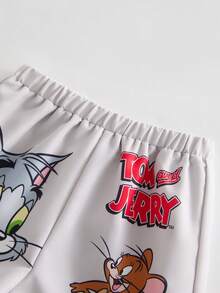 TOM & JERRY X SHEIN 2pcs Baby Boy Casual Cute Cartoon Pattern Short Sleeve T-Shirt And Shorts Set, Summer - Khaki - View 4