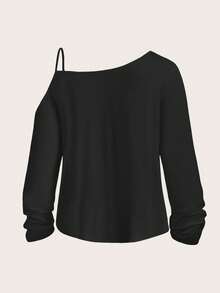 SHEIN LUNE 女士休闲简约风白色双心图案落肩长袖T恤，适合秋冬季穿着。 - 黑色 - 查看 2