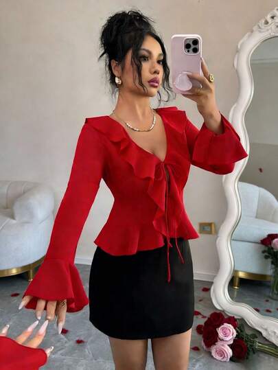 Rafferiza 女士优雅复古休闲外出约会V领荷叶边长袖喇叭袖蝴蝶结腰部显瘦法式浪漫圣诞节情人节衬衫