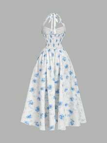 SHEIN MOD 杏色和蓝色花卉印花露背长裙，胸部褶皱设计——浪漫复古花卉连衣裙，适合约会、派对、舞会、节日和生日穿着 - 藍白色 - 查看 6