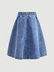 SHEIN 少女休闲口袋牛仔伞裙，春夏休闲度假乡村波西米亚风服饰，沙滩装 - 淺色水洗藍 - 查看 3