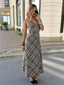 Siren Gaze Women's Elegant Casual Plaid Halter Neck Backless V-Neck Flared Hem Maxi Dress, Summer Vacation Holiday Outfit, Party Wedding Guest Graduation Easter Formal Dress Checkered Dress Women's Midi Dress Midi Dress Plaid Dress Casual Midi Dress - Chocolate Brown - View 8
