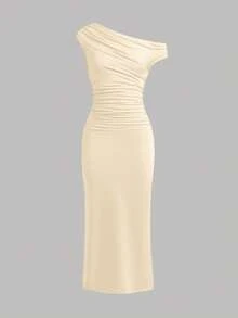 SHEIN 少女休闲优雅不对称领口褶皱腰身修身针织长裙，适合派对、返校、聚会和休闲穿着 - 杏色 - 查看 3