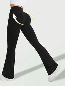 Mallas acampanadas de talle alto para mujer, mallas acampanadas que levantan el trasero, mallas sin costuras de pierna ancha y estilizada, pantalones de yoga con bota acampanada de unicolor, pantalones deportivos negros que adelgazan el abdomen, mallas casuales, pantalones deportivos - Negro - Ver 5