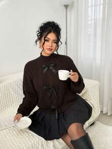 Elenzga Suéter de Gola Redonda com Laço para Mulheres Plus Size - Castanho - Visão 5