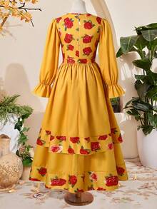 SHEIN Teen GirlRose Print Dress, Square Neck Design, Sweet Flare Sleeves, Flowy Skirt Decor, Suitable For Vacation, Outings And All-Year-Round Wear - Yellow - View 13