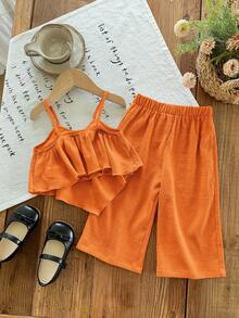 SHEIN LMoss Kids 2件套女婴纯色无袖背心和宽松休闲裤套装 - 橘色 - 查看 2