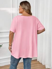 SHEIN CURVE+ Áo thun tay ngắn màu trơn cỡ lớn, thường ngày, mùa hè - Hồng - Xem 2