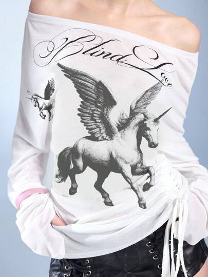 J-Fashion T-shirt à manches longues et épaules dénudées avec imprimé licorne, style J-mode pour femmes