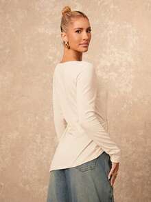 Lumalex 女士纯色船领长袖褶皱时尚T恤 - 杏色 - 查看 3