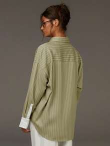 Athîral 女士时尚休闲条纹印花纽扣长袖衬衫 - 綠色 - 查看 2