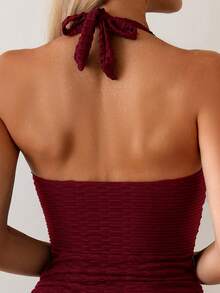 Swim Lushoire 女士夏季度假休闲沙滩装纯色藏蓝色两件套吊带比基尼套装 - 酒紅色 - 查看 3