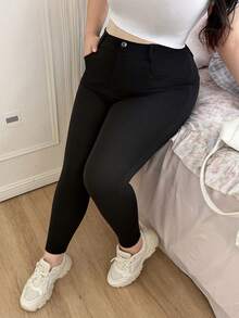 CovetEZ Plus Size Solid Color High Waist Pants, Suitable For Everyday Wear, Spring/Summer - Black - View 5