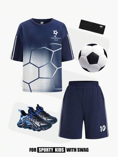 JNSQ Conjunto de 2 piezas para niños preadolescentes: Camiseta de manga corta con estampado de fútbol y pantalones cortos sueltos de cintura elástica, adecuado para actividades al aire libre de primavera/verano, casual, vacaciones, ropa de calle